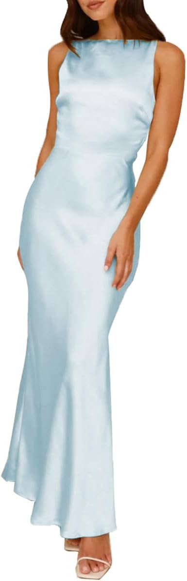 Summer Satin Maxi Dresses for Women 2025 Elegant Classy Silk Formal Sleeveless Backless Spaghetti Strap Wedding Guest Dress