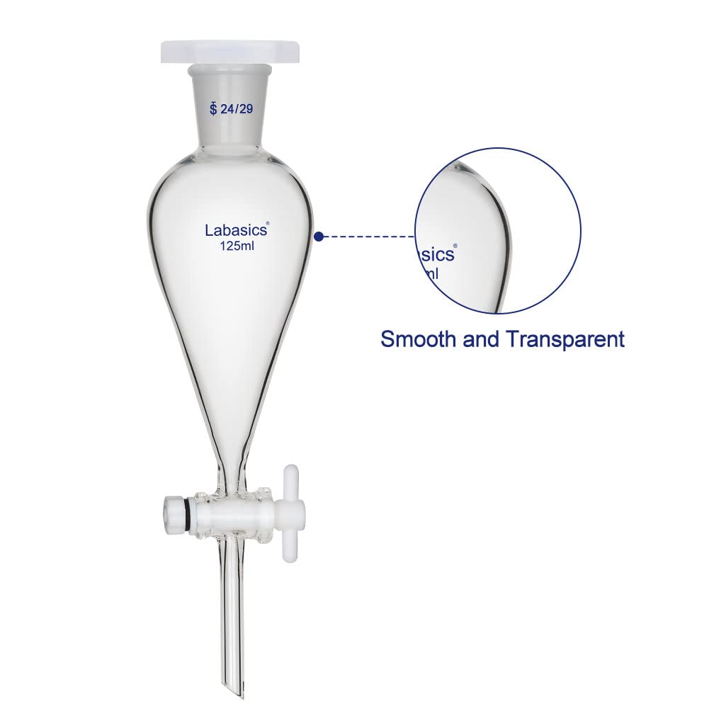 Labasics Borosilikatglas 125 ml Schwerwandiger konischer Scheidetrichter mit 24/29 Gelenken und PTFE Absperrhahn