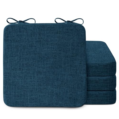 Image of AddGrace Square Chair Cushions for Dining Chairs 4 Pack 16x16x2inch D Blue | Non Slip, Removable Cover with Ties, Textured Fabric, for Kitchen Dining Room Indoor, Hard Wooden Chairs, Family Gathering