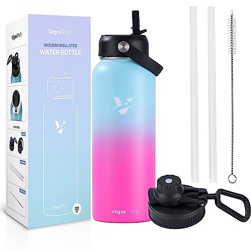 Vacuum Insulated Water Bottle - Stainless Steel Water Bottle with Straw Lid and Flex Cap (Keeps Cold for 24Hours, Hot for 18Hours) Double Wall, Wide Mouth, BPA Free, Leak Proof (Gradient Pink, 32oz)