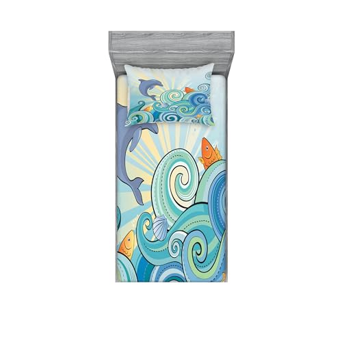 Ambesonne Sea Animals Fitted Sheet & Pillow Sham Set, Cartoon Dolphin Fish Starfish Shells in Ocean Marine in Summer Pattern Print, Decorative Printed 2 Piece Bedding Decor Set, Twinxl, Blue