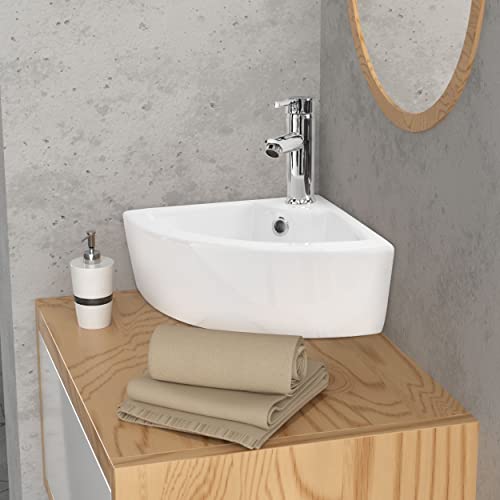 ML-Design Lavabo Esquinero de Cerámica 46 x 33 x 13 cm Blanco con Rebosadero Fregadero Angular de Pared o Sobre Encimera Pila de Diseño Moderno Lavamanos para Baño o Aseo con Agujero para Grifo