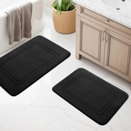 Bathroom Rug Set, 2 Pieces, Soft Memory Foam Bath Mat, Non-Slip Washable, Bathroom Rug Set for Toilet Shower and Bathtub, Black