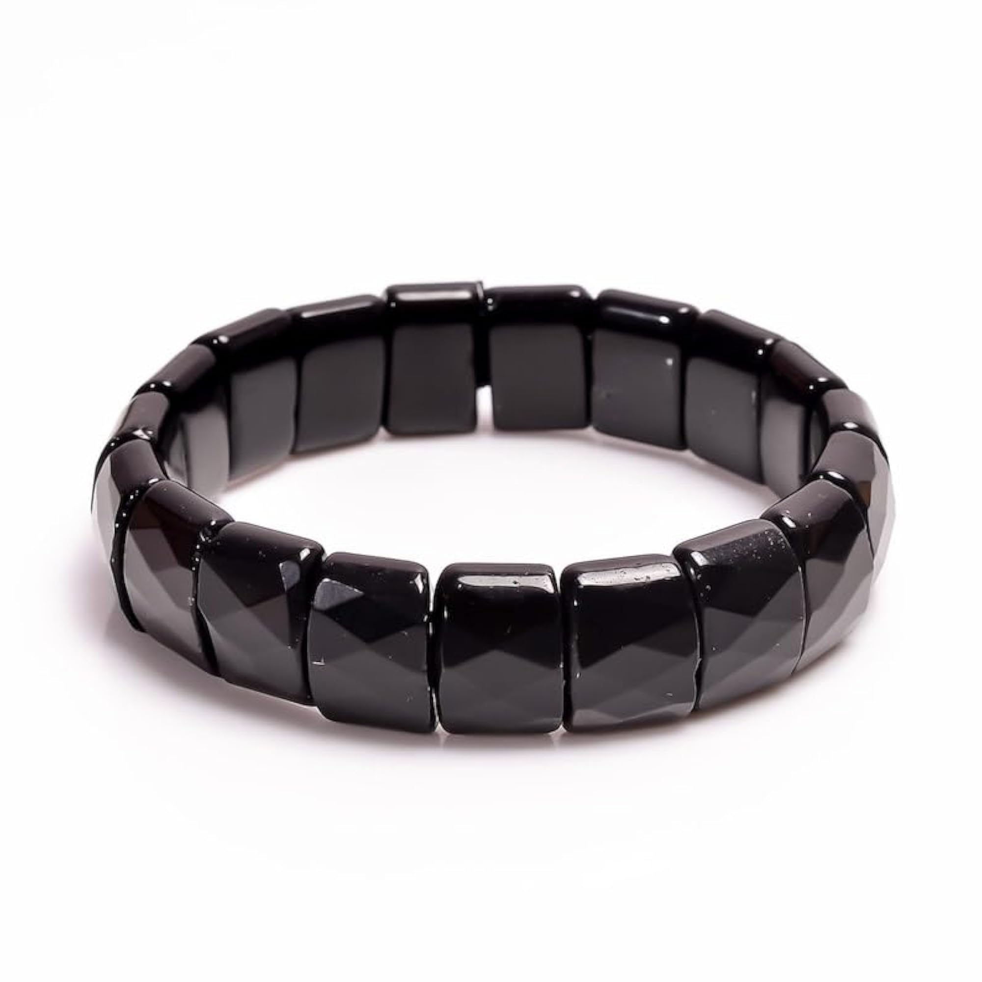Natural Black Onyx 14x10mm Faceted Cut Bead Stretch Bracelet, Unisex Gift