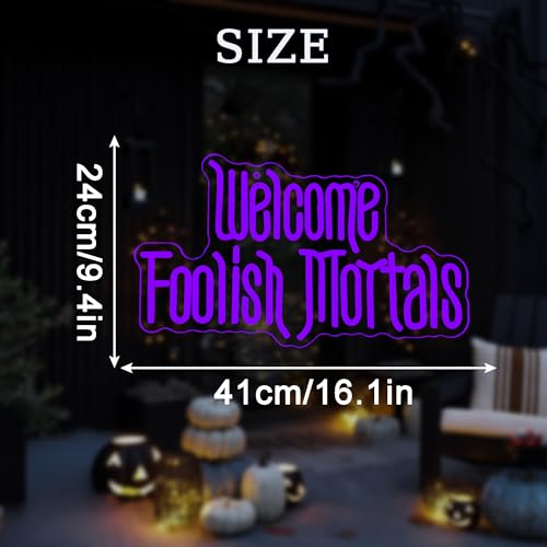 Image of Welcome Foolish Mortals Neon Sign, Halloween Neon Light Spooky Gothic Haunted Mansion LED Coffin Decor USB Powered, for Horror Movie Party Haunted House Man Cave Home Room Themed Bars(16.1 * 9.4 In)