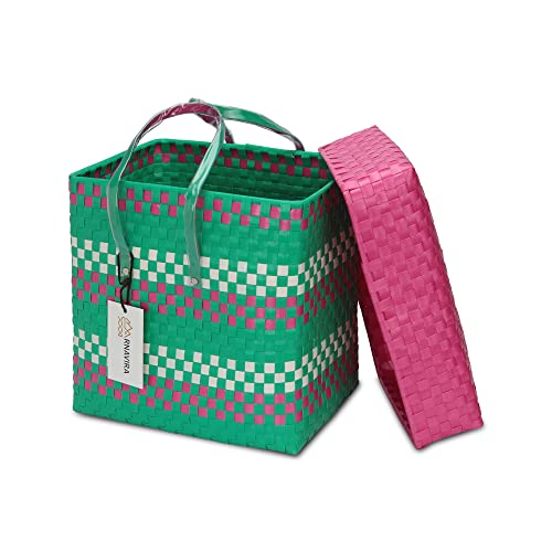 Image of Arnavira Handmade Multipurpose Basket with Lid 4L Used for Organiser, Makeup Items Storage,Kids Tiffin (18x12x19 cm) (Pink Sea Green, X Small)