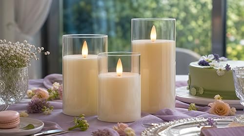 Image of Glass Flameless Pillar Candles Flickering with Remote Timer, Battery Operated LED 3D Moving Flame Real Wax Candles,Remote Included (Ivorywhite)