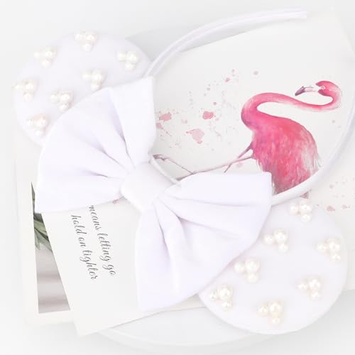 Image of DRESHOW Mouse Ears Headbands for Women Plain White Pearl Mickey Ears Hairbands Bow Head Bands Velvet Head Band Cosplay Costume Princess Party Decorations Disney Trip