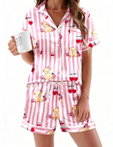 Image of Ekouaer Womens Silk Satin Pajamas Sets 2 Piece Short Sleeve Sleepwear Button Down Top and Shorts Pjs Lounge Wear Sets,Teddy Cherry Print,M