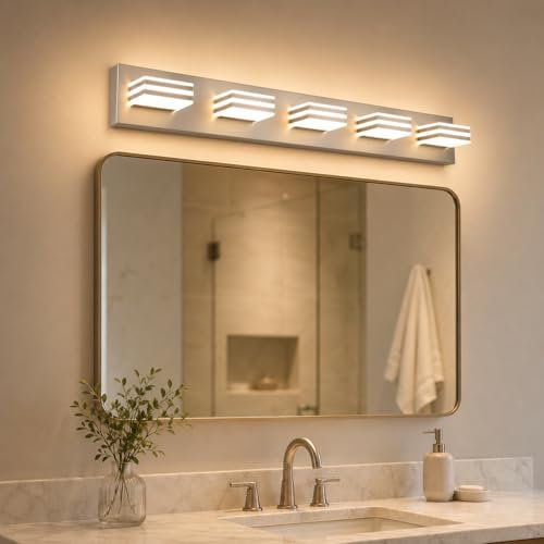 Image of Yumecrelect 5-Light Brushed Nickel Vanity Light Fixture, 34 Inch 40W 5CCT Dimmable LED Bathroom Wall Light with Clear Acrylic Shade, Hardwired Over Mirror Lighting for Master Bath