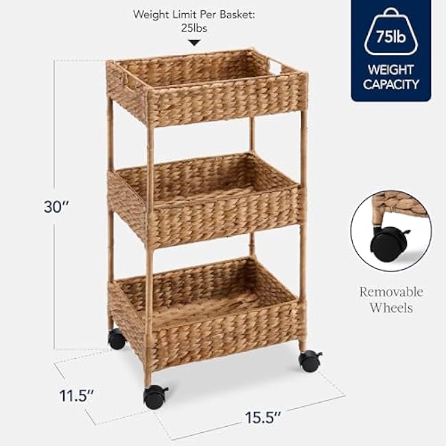 Best Choice Products 3-Tier Water Hyacinth Rolling Nursery Caddy w/Wheels, Utility Cart, Storage Organization for Bathroom, Craft Room, Laundry Room¨C Chestnut-2ylDAuvp