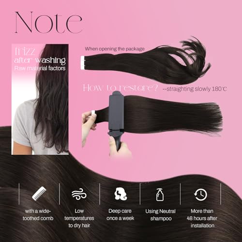 Image of Moresoo Darkest Brown Tape in Human Hair Extensions, 28 Inch, 20Pcs, 50g | Invisible Tape in Extensions, Seamless Glue in Hair, Extra Long Hair Extensions, Real Human Hair, Daily Wear
