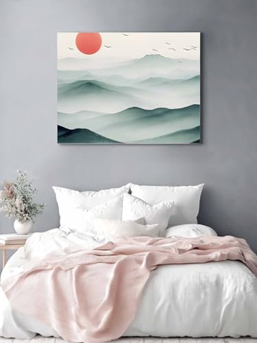 Vandaluuki アートパネル 風景 山 太陽 鳥 水墨 アートボード ポスター 50x40cm 壁掛け 壁画 壁飾り 部屋飾り 飾り絵 絵画 インテリア ソファの背景画 完成品 モダン 現代 玄関 部屋 リビングルーム ギフト