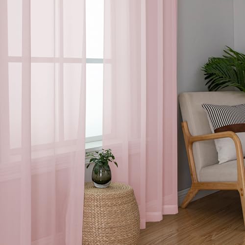 Image of Simplebrand Blush Red Sheer Curtains 90 Inches Long 2 Panels, Light Filtering Rod Pocket Solid Color Window Sheer Curtain Panels, Elegant Curtains & Drapes for Living Room, Bedroom, 59 inch W x 90 inch L