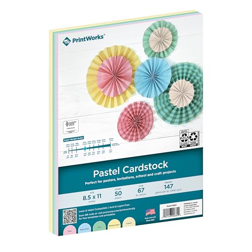 PrintWorks Pastel Cardstock 8.5 x 11 - 50 Sheets - 5 Assorted Pastel Colors - Ideal for School & Craft Projects - 67 lb/147 gsm - Made in the USA - SFI Certified (00684)