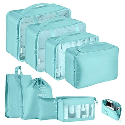 9 Teilig Koffer Organizer Queta Kleidertaschen Set,Kleidertaschen Verpackungswürfel für Kleidung Kosmetik Schuhbeutel Kabel Aufbewahrungstasche, Reisen Organizer Tasche (Hellblau)
