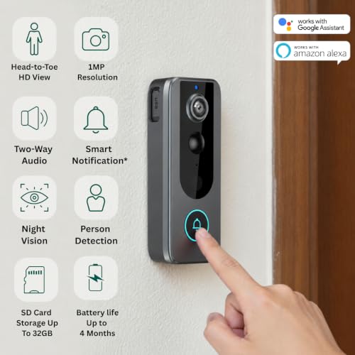 Image of Delitech Smart Wireless Video Doorbell 1MP | Battery-Powered | AI Motion Detection | Real-Time Notification | See & Talk to Visitor on Video Call | Night Vision | Free Installation*