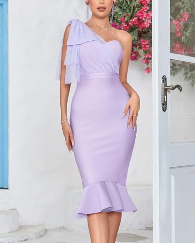 Image of houstil Women's One Shoulder Fishtail Wedding Guest Bandage Dress Mesh Midi Graduation Bodycon Party Club Dresses