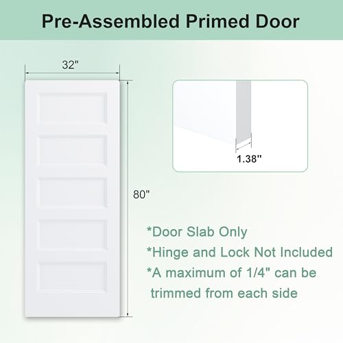 Image of JUBEST 32 inchx80 inch 5-Panel Shaker Style White Primed Hollow Core Interior Molded Door Slab, NOT Pre-drilled and NOT Included Hardware, Pre-Assembled Interior Door for Pantry, Laundry, Closet