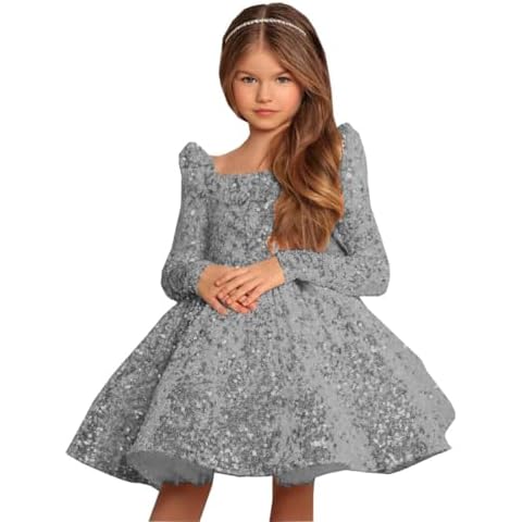 RYANTH Long Sleeves Toddler Pageant Dress Short Sequin Flower Girl Dress for Wedding Sparkly Baby A Line Ball Gown with Bow Knot 2 Size Cover