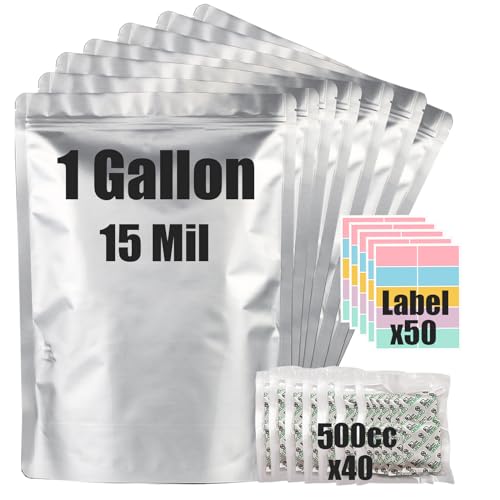 30pcs 1 Gallon Mylar Bags for Food Storage (15 Mil Extra Thick 7.5 Mil Each Side) with Oxygen Absorbers 500CC (40pcs), 10'x14' Heat Sealable Zipper Mylar Bags for Long Term Food Storage