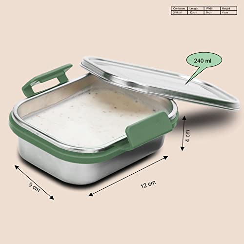Image of SIGNORA WARE 240 ML Cute Compact Lunch Boxes For School Kids Girls Boys With Steel Lid With Clip Lock /Air Tight Spill Proof /Food Grade BPA Free Container For Childrens (Rectangle | E Green)