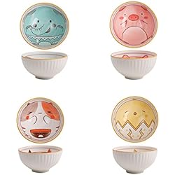 Cazuelas Chinas Dohldp Cuenco de cerámica de dibujos animados de animales,Tazones Desayuno Juego de 4 - Cuenco Cereales Cuencos Sopa Pequeno 300ml - Cuencos Ceramica Colores para Postre - Helado - Arroz