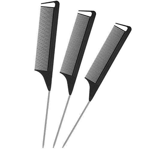 3 Pieces Parting Comb for Braids Rat Tail Hair Comb Steel Pin Carbon Fiber Teasing Combs with Stainless Steel Pintail (Black)