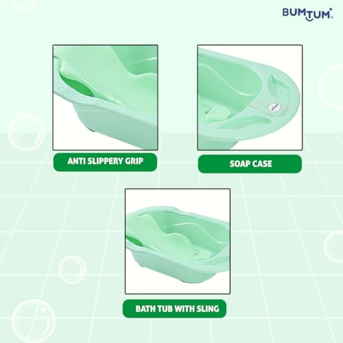 Image of BUMTUM Baby Bathtub & Anti Slip Baby Plastic Bath Chair | Bathtub with Drain Plug, Baby Bath Seat /Sling with Non Slip Suction Base for Babies, Infant & Toddlers(Sea Green)