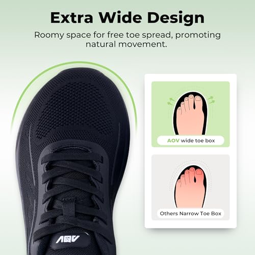 Image of AOV Wide Walking Shoes Women Arch Support Plantar Fasciitis Tennis Sneakers Orthotic Tennis Shoes for Workout Gym Black Size 8