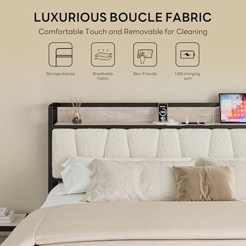 Image of LIKIMIO King Size Bed Frames, Boucle Storage Headboard with Charging Station, Solid and Stable, Noise Free, No Box Spring Needed, Easy Assembly