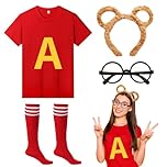 4Pcs Chipmunks Costumes Set with Chipmunk Headband Glasses T-shirt Soccer Socks, Chipmunks Fancy Dress Outfit Party Animal Cosplay for Adults Teens World Book Day Halloween Dress Up (Red, L)