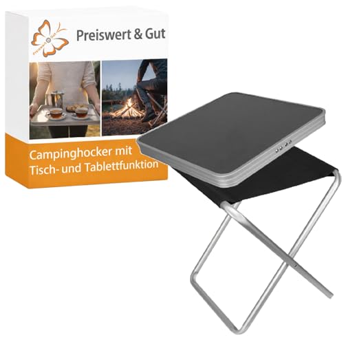 Preiswert&Gut Campingtisch - Campinghocker klappbar 3in1 mit abnehmbarer MDF Tischplatte Alu Gestell 45 cm Sitzhöhe faltbar 1,4 kg Outdoor Hocker Tisch Tablett für Camping Angeln Garten Balkon