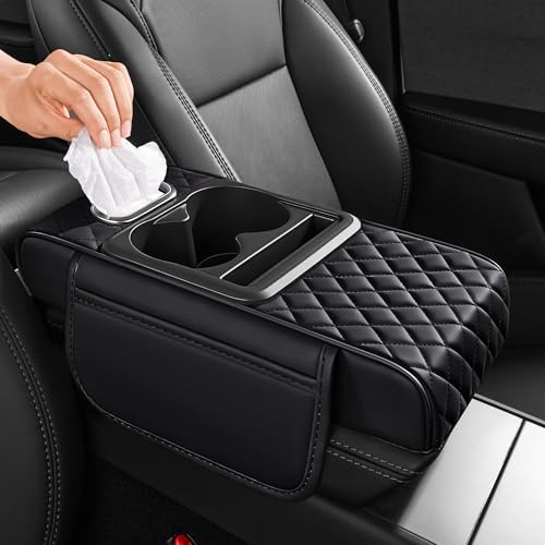 AuraSettle 5 in 1 Car Center Console Cover, Armrest Pad with 2 Storage Pockets, Cup Holder, Tissue Box Slot, Phone Holder, Universal Car Interior Organizer (Black)