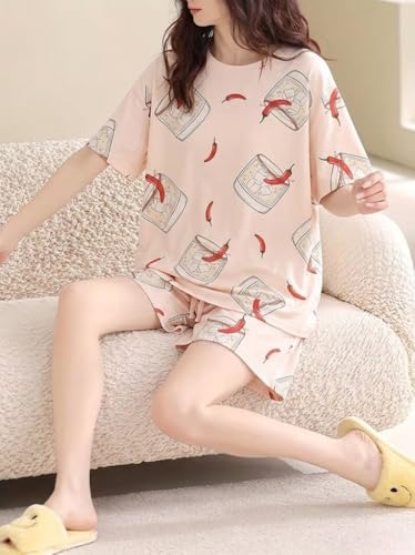 Image of Korean Night Dress |Shorts Set |Round Neck Half Sleeve Nightsuit |Premium Cotton Blend Stylish Digital Printed Pajama Co-ords |Matching 2 Piece Sleepwear Nightwear Cute Pjs |Casual Lounge Sets