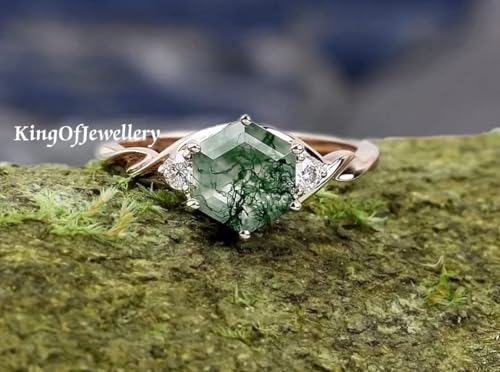 K O J 6 Prong Natural Moss Agate Gemstone Hexagon Shaped Engagement/Wedding Ring, Dainty Ring, Anniversary Ring, Bridal Ring, Vintage Ring, Best Gift For Her, Sterling Silver Ring, Stacking Ring2