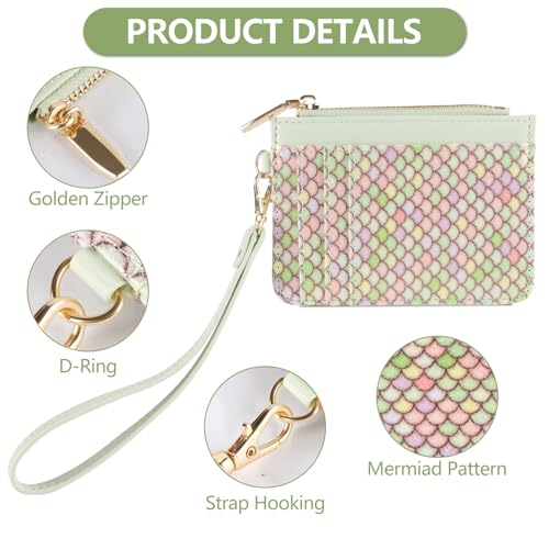 Small Wallet Mermaid RFID Protected Leather Credit Card Holder Slim Wristlet Strap Wallet with Zipper Pocket, Card Organizer for Women Girls(Light Green)4