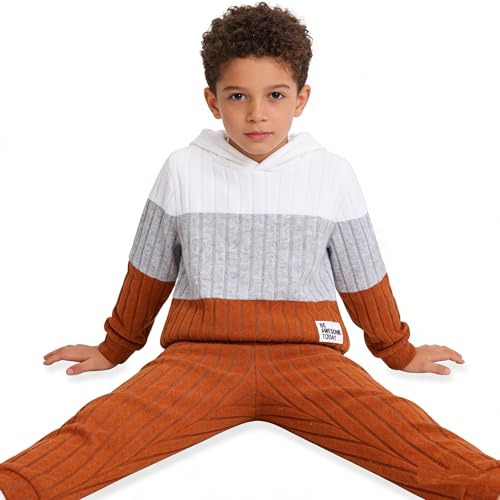 Image of 5-11Y Boys Clothes Long Sleeve Hooded Pullover Colorblock Sweatshirt + Pants 2pcs Fall Winter Outfit Set