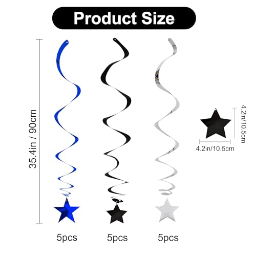 Image of BEISHIDA Blue Black Silver Stars Hanging Swirls Graduation Hanging Ornament Decorations for Birthday Party Retirement Congrats Grade 2026 Graduation Decorations,Pack of 15