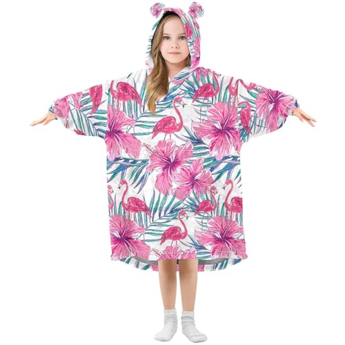 Manta de gran tamaño con capucha para niñas, diseño de amapolas, flamencos, hojas de palma, plantas tropicales, polvo, manta suave y cálida de forro polar con capucha, Multicolor, 120 Grande