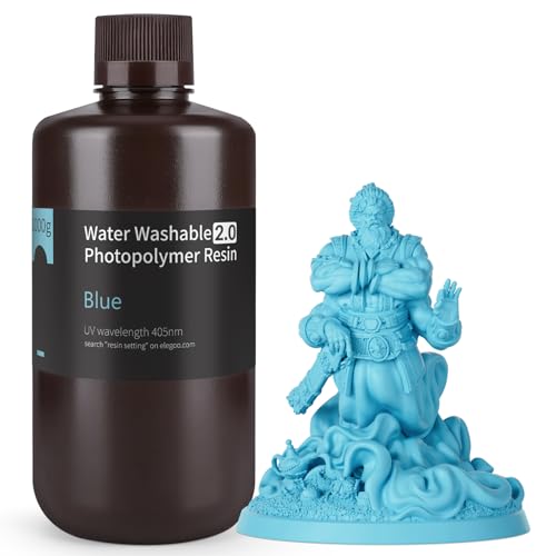ELEGOO Upgraded Water Washable 3D Printer Resin 2.0, 405nm UV-Curing 3D Resin with Lower Shrinkage and Higher Precision for LCD 3D Printing Blue 1000g