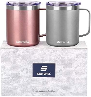 SUNWILL 14 oz Coffee Mug Set, Vacuum Insulated Camping Mug with Lid, Double Wall Stainless Steel Travel Tumbler, Coffee Cup Outdoor, Cool Grey & Rose Gold 2 Pack