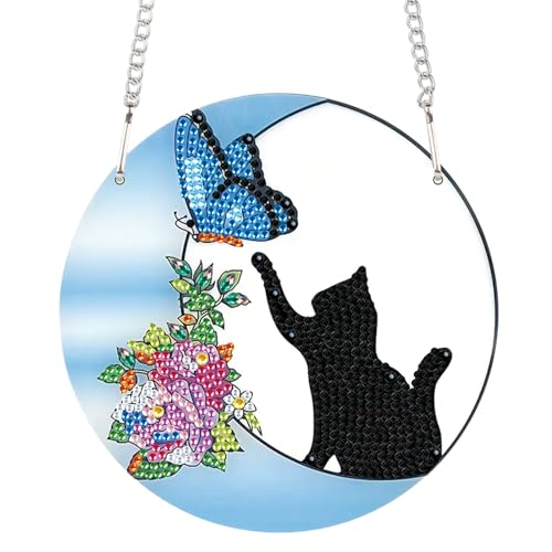Image of AiYuanzsh Diamond Painting Hanging Pendant Kit for Adults, Crystal Rhinestone Cat & Butterfly Diamond Art Suncatcher Ornament for Door, Wall, Window, Home Decor