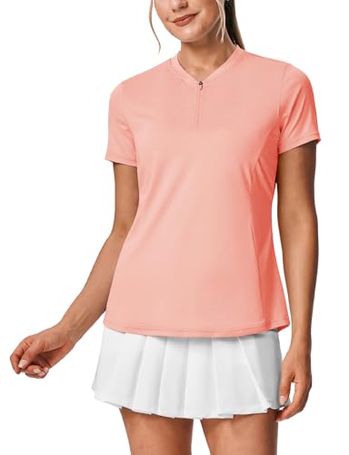 Bgowatu Golf Shirts For Women Short Sleeve Polo Collarless Quarter Zip Tennis Tops Dry Fit Upf 50+ Lightweight Salmon Pink Xl