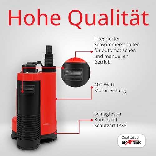 Bild 1 - Grafner Drainage Schmutzwasserpumpe 400 Watt bis 7500 l/h Förderleistung, mit Schwimmschalter, flachabsaugend bis 25 mm, Ø16mm Fremdkörper, Drainage Tauchpumpe Schacht Druckpumpe