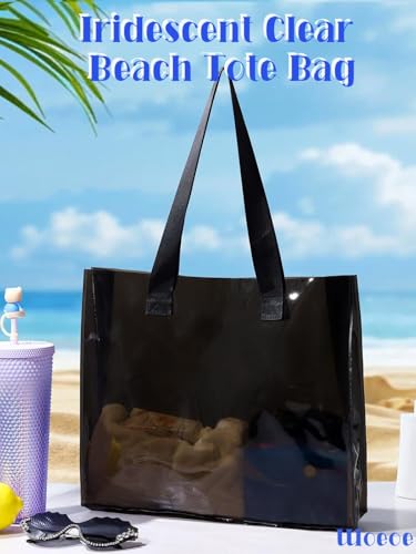 Woeoe 2Pcs Beach Clear Tote Bags Black Large Waterproof Tote Bags Iridescent Beach Tote Bag for Pool Vacation Stadium2