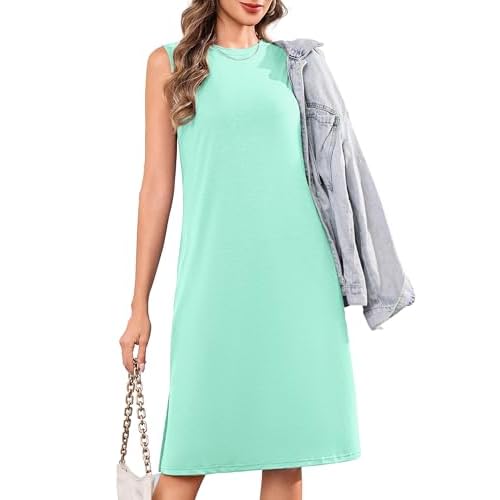 Totatuit Summer Dresses for Women 2026 Casual Crewneck Sleeveless Split Hem Loose Tank Dress with Pocket Light Green XX-Large