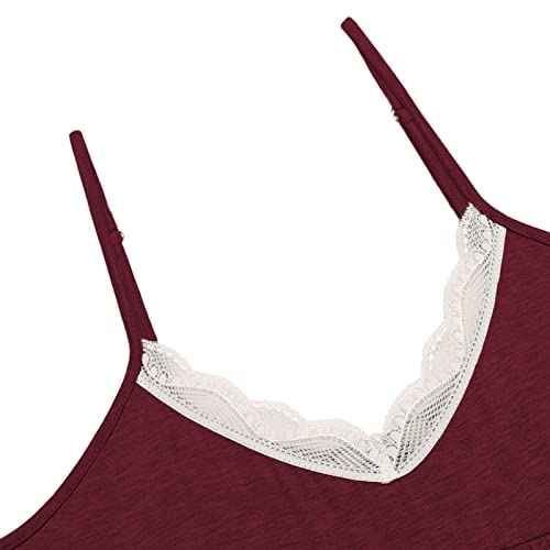 Camisola feminina de algodão de renda bordô, manga deslizante, gola V, casual, cami, camisola, para