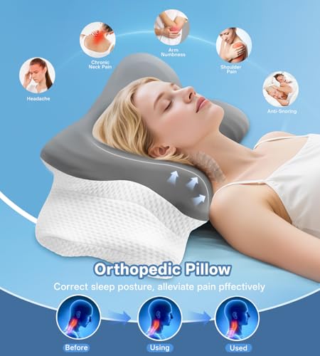 MISSCOZY Ergonomic Pillow for Side Sleeper-Cervical Pillow for Neck Pain,Anti Snore Sleep Apnea, Butterfly Memory Foam Neck Support Side/Back/Stomach Sleepers,Washable Cover Model Number HK30001(Grey) - Image 5