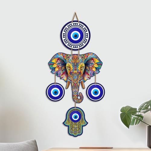 Image of Artvibes Elephant Family Evil Eye Wall Hanging for Home Entrance | Nazar Battu MDF Wall Decor | Positive Energy Vastu Art for Living Room | Hallway | Office & Main Door | Gift Item (WH 8549N)